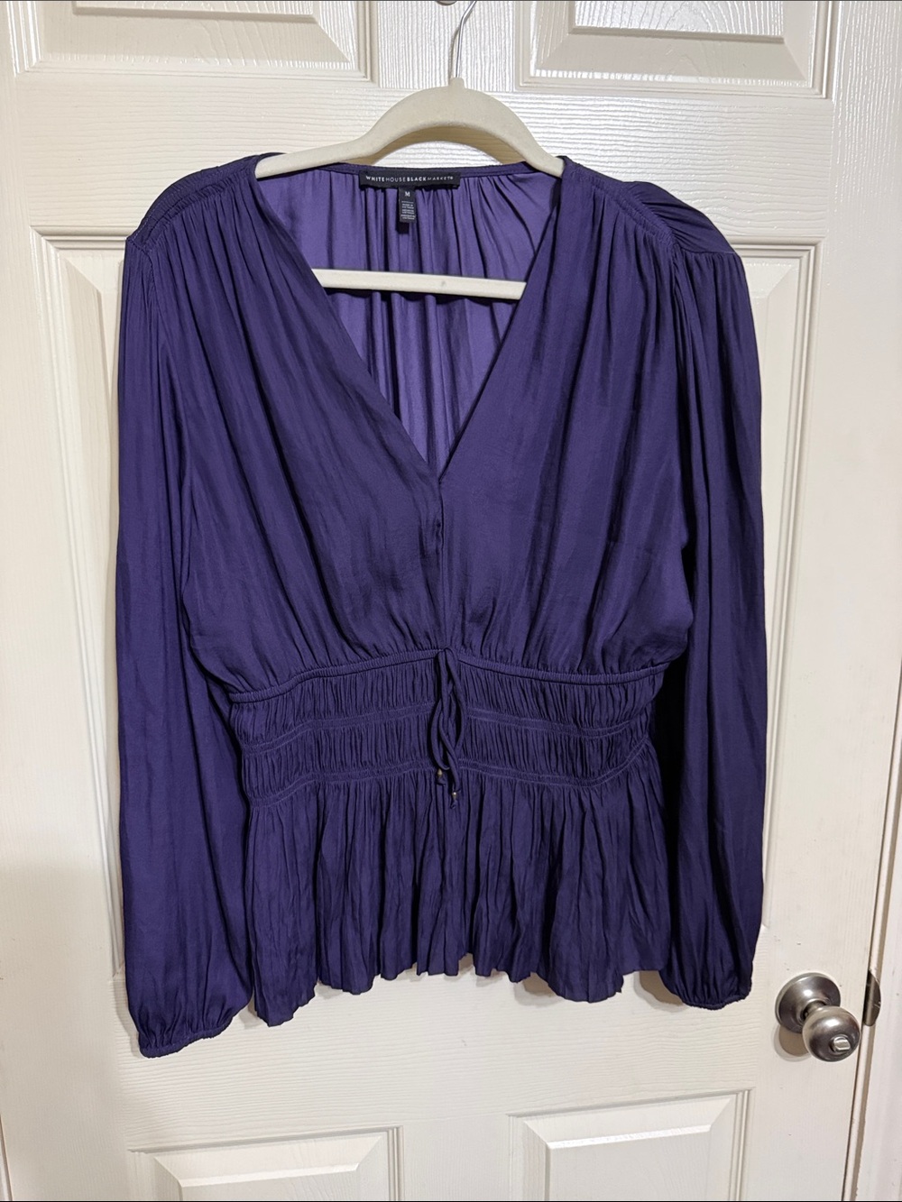 White House Black Market Deep Purple V-Neck Smocked-Waist Blouse